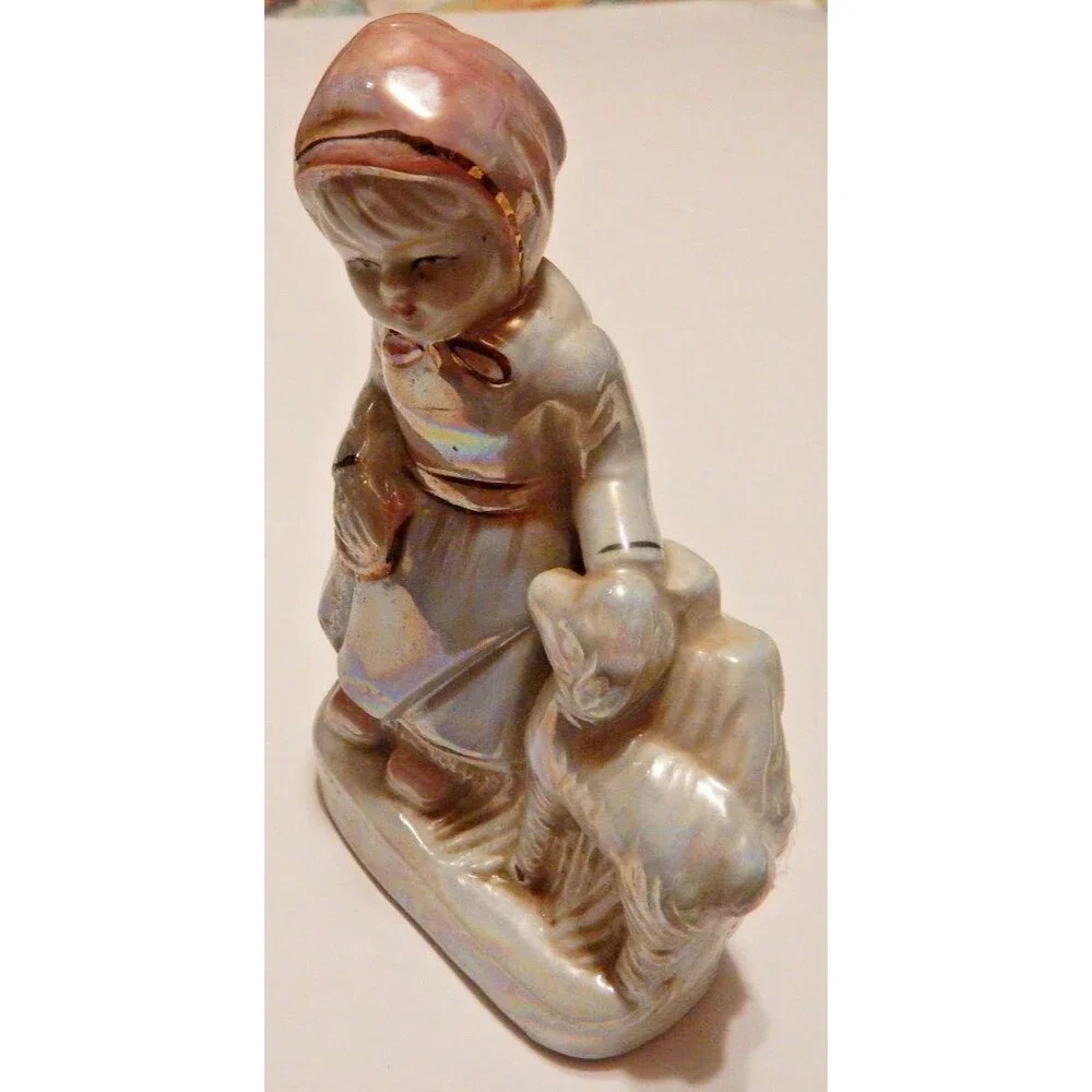 Vintage Lustreware Figurine Girl with Bonnet & Lamb Iridescent Porcelain Japan
